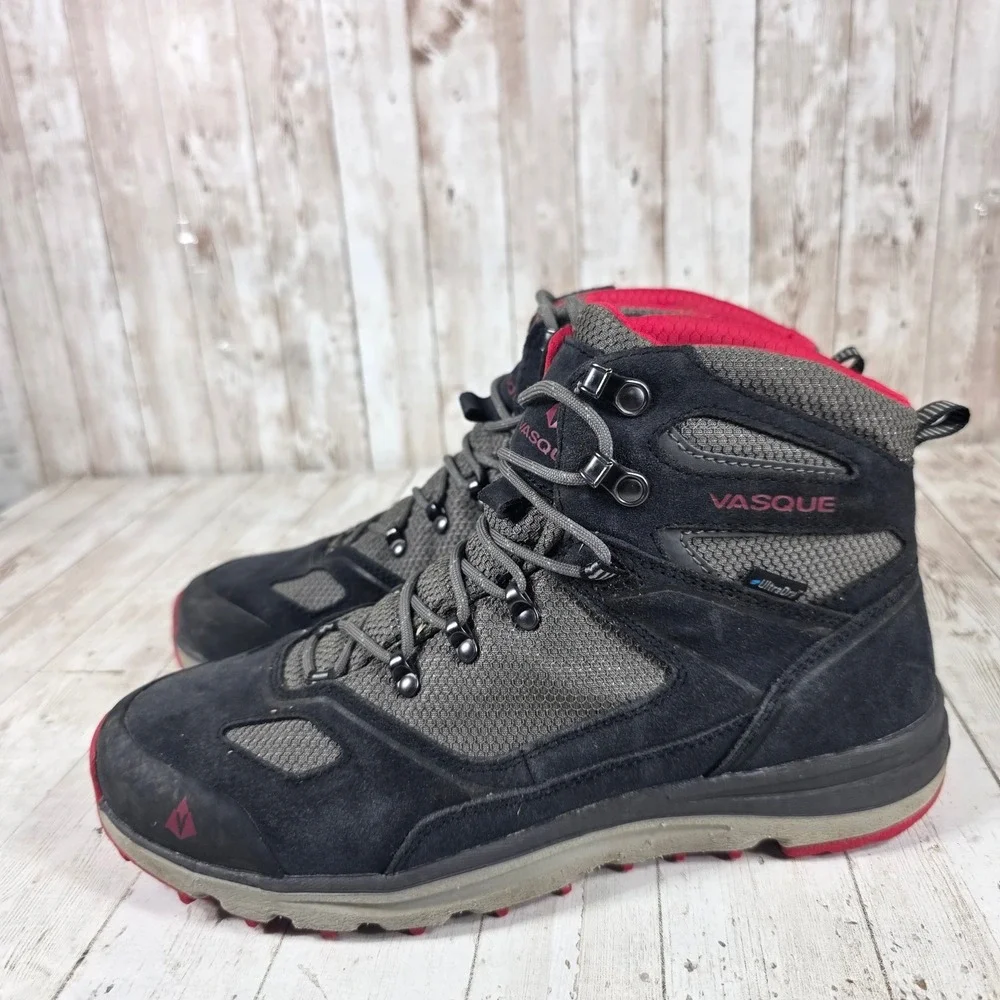Vasque UltraDry Men 8.5 Hiking Boots Black Grey Red Suede Mesh 7447 M Waterproof
